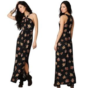 FREE PEOPLE Black Floral Print Halter Maxi Dress Size Large